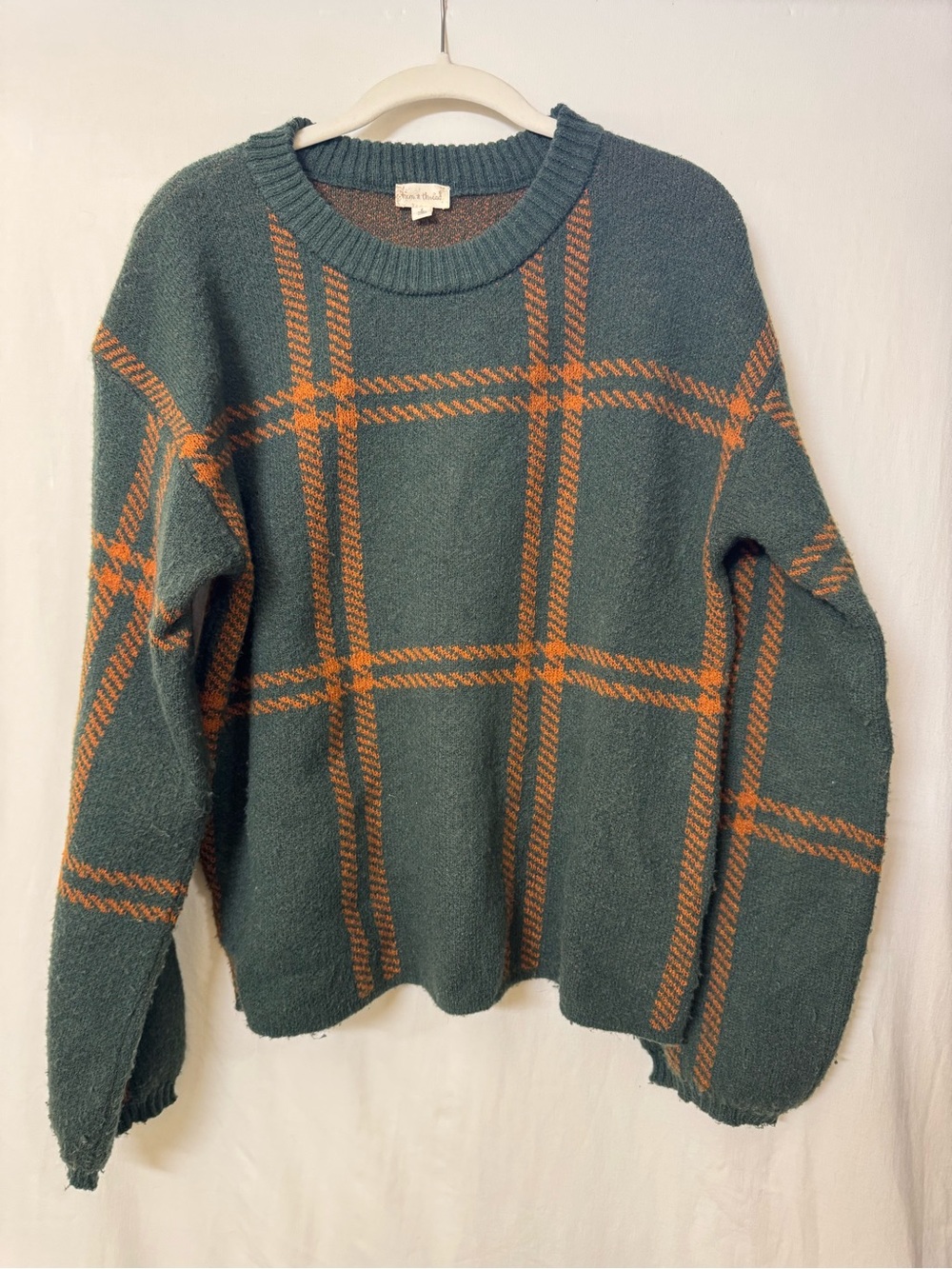 Hem & Thread Green Crewneck Sweater with Orange Plaid